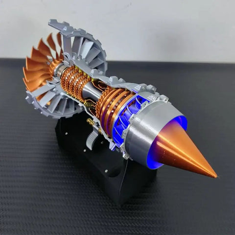 Simulated Turbofan Aircraft Engine Model Kit With LED Light, Brass Color, showcasing internal turbine mechanics, front view