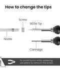 Diagram showing parts of 60W Adjustable Soldering Iron Kit With 25 In 1 Tool Set, including 900M tip, screw, and nozzle.
