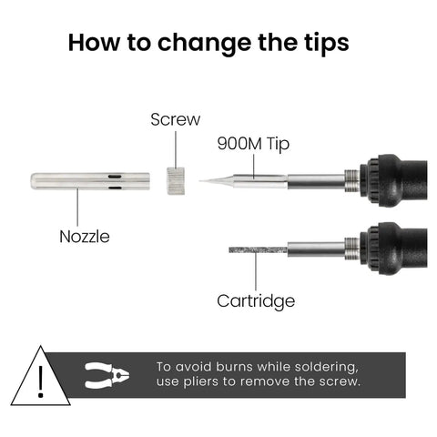 Diagram showing parts of 60W Adjustable Soldering Iron Kit With 25 In 1 Tool Set, including 900M tip, screw, and nozzle.