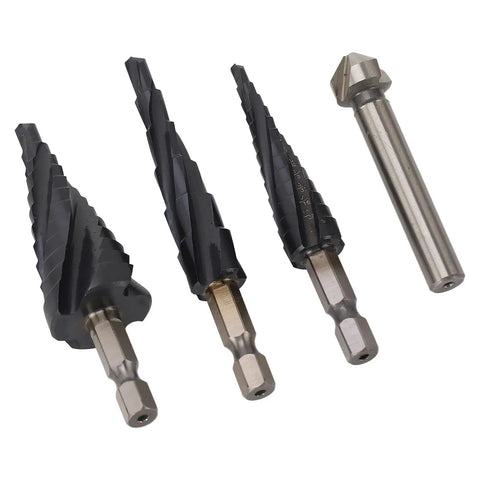 Rock Solid M35 Cobalt Step Drill Bit Set With 4 Flute Spiral Design For Metal Wood Plastic Hole Drilling Including Multi Size Tools And Standard Bits To Make Tough Cuts Easy Without Heating Up Or Breaking Down, four bits on white