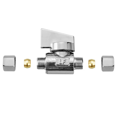 Front view of chrome-plated brass 1/4 in compression x 1/4 in compression angle valve with nuts and olives.