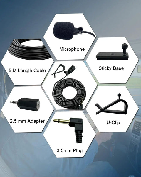 Components of Crystal Clear 3.5mm Car Microphone For Aftermarket Radios With 16.4 Feet Cable And 2.5mm Adapter