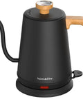 Black Gooseneck Electric Kettle With Built-In Thermometer, 1L Stainless Steel, wooden handle, 1000W Fast Boil, auto shut-off feature
