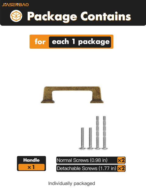 10 Pack Antique Brass Cabinet Pulls With 3 Inch Center Hole Retro Vintage Square Drawer Pulls included screws package detail