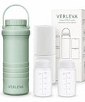 Game Changing Insulated Breast Milk Cooler Bag With Ultra Secure Leakproof Seal Keeps Pumped Milk Chill On The Go Compact Portable Nursing Bottle Carrier with sage green design and two bottles.