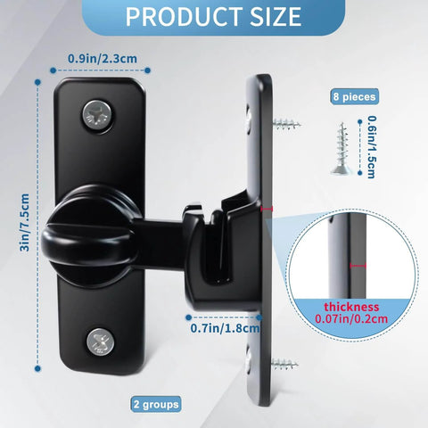 Heavy Duty 90 And 180 Degree Flip Barn Door Lock for Cabinets, Sliding Doors, Bathrooms, Black solid zinc alloy latch with screws