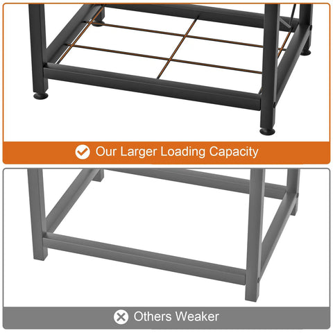 Comparison of Two Tier Firewood Rack With 3 Hanging Hooks Heavy Duty Steel Wood Holder above a weaker rack