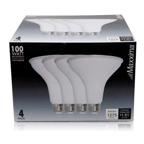 Box of PAR38 LED Flood Light Bulbs 3000K Warm White, 1275 Lumens, 15W 100W Equivalent, Dimmable, Wet Rated, 4 Pack