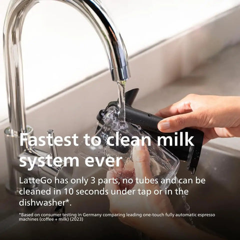 Hands cleaning LatteGo milk frother under faucet, part of the 3200 Series Fully Automatic Espresso Machine With LatteGo Milk Frother