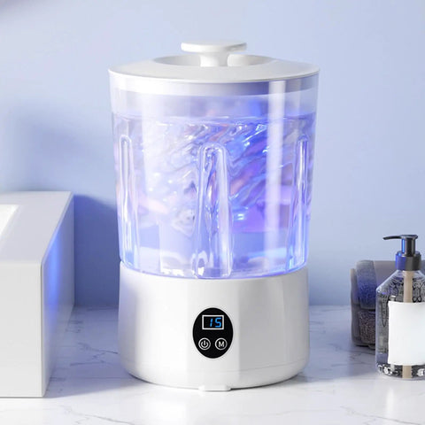 Slick Portable Mini Washing Machine For Underwear And Socks Featuring Three Gentle Wash Programs with visible water and controls.