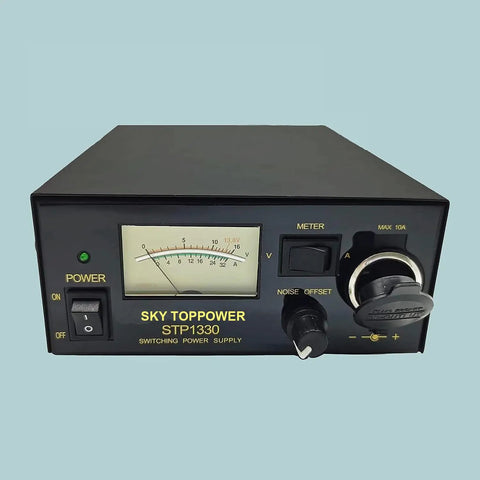 Beefy 13.8V 30A Ham Radio Power Supply With AC To DC Conversion, front view, features meter, knobs, and front cigarette lighter socket