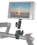 Rock-Solid Pro Grade Camera Clamp Mount with 360 Degree Ballhead securing a monitor on a rod, dual ball head visible.