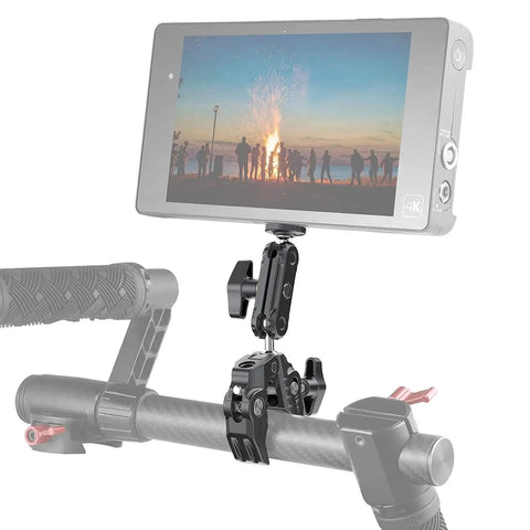 Rock-Solid Pro Grade Camera Clamp Mount with 360 Degree Ballhead securing a monitor on a rod, dual ball head visible.
