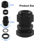 Product size diagram for 12 Pcs Half Inch NPT Nylon Cable Glands Waterproof Adjustable Cord Grips With Locknut And Gaskets.