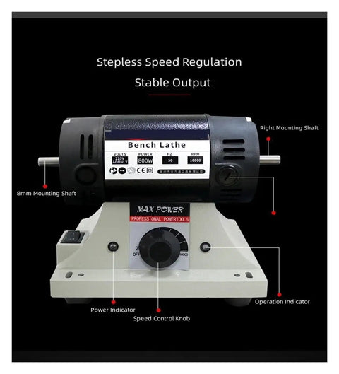 Kickin Power 800W Bench Grinder And Polishing Machine For Woodworking And Jade Carving With Quick Adjust Professional Grade Motor And Flexible Shaft Handle showing the motor, speed control knob, and indicators.