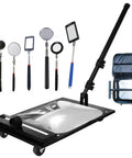 Under Vehicle Inspection Mirror With Wheels And LED Light, Extendable Acrylic Security Mirror Kit For Car Shops, Pros, Mechanics, Inspectors, Black, Includes 6 Accessories, with extendable arm and carrying bag.