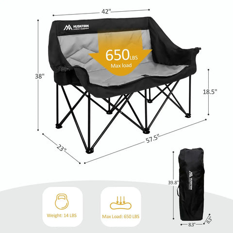 Two Person Oversized Camping Chair Loveseat For Adults Heavy Duty Folding Outdoor Couch Black Portable Patio Lawn Chair