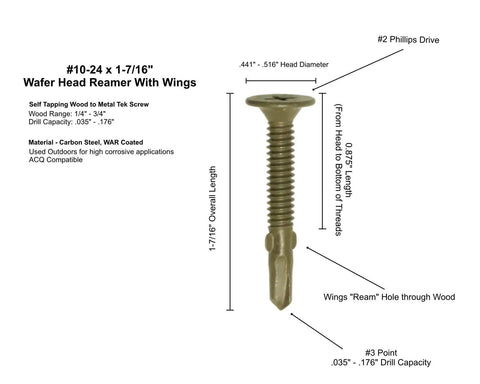 Image of Wood To Metal Self-Drilling Screws 10-24 X 1-7/16 Reamer Tek Wafer Head with specifications and dimensions.