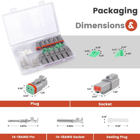 Two Pin Deutsch Connector Kit With Six Sets DT Series 2 Pin Gray Waterproof Electrical Wire Connectors, packaging view