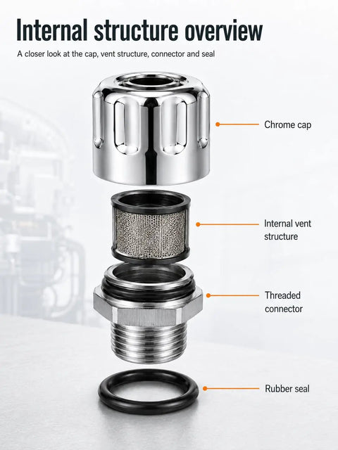Vourtm 3/4 Npt Hydraulic Breather Cap With 40 Micron Filtration showing chrome cap, filter mesh, threaded connector, and rubber seal.