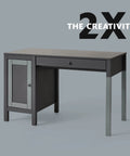 Black desk with drawer and side cabinet on gray background, text overlay '2X The Creativity'