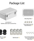 Built Tough IP67 Waterproof Junction Box with Heavy Duty Hinged Lid, package contents including wall mounts and cable glands.