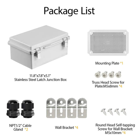 Built Tough IP67 Waterproof Junction Box with Heavy Duty Hinged Lid, package contents including wall mounts and cable glands.