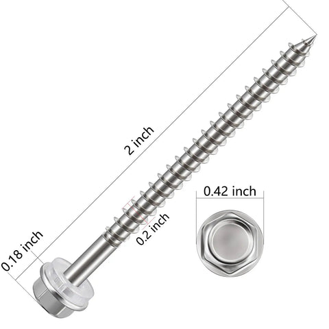 100 Pcs Size 10 By 2 Inch Self Tapping Wood Screws 410 Stainless Steel with hex head, side view with dimensions