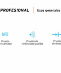 Professional Digital Multimeter With True RMS For Accurate Electrical Testing, Compact Portable Design symbols in Spanish for tests.
