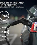 Level 2 Commercial EV Charger Gen 2 With 48 Amp 11.5kW Output, J1772 Gun connected to car, highlighting IP65, IK08 ratings.