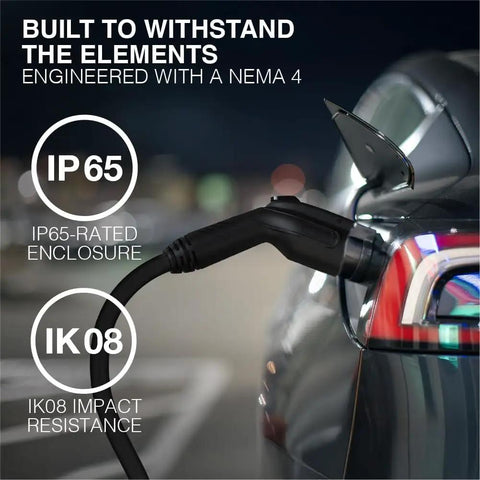 Level 2 Commercial EV Charger Gen 2 With 48 Amp 11.5kW Output, J1772 Gun connected to car, highlighting IP65, IK08 ratings.