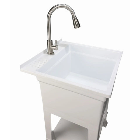 Freestanding Utility Tub Sink With Quick Connect Drain 24x24 White Portable Compact Sink With Heavy Duty Stainless Steel Pullout Faucet