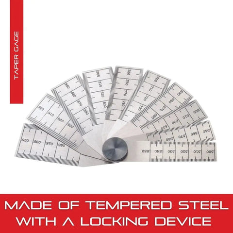 Pro Grade Tempered Steel Taper Gauge With Locking Device Half To One Inch Range Two And Three Quarters Inch Length Ten Leaves