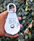 Stainless Steel Swivel Single-Sheave Marine Pulley Block 50mm Wire Rope Heavy Duty 304 Wear Resistant Corrosion Resistant 400kg Max Load 130mm Total Length Fits 1/2 Inch Dock Rope One Piece, stainless 50mm swivel block