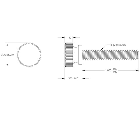 Technical drawing of Black Nylon Thumb Screws With 8-32 Thread 1 Inch Long Pack Of 10 Nonconductive Fasteners for enclosures and cabinets