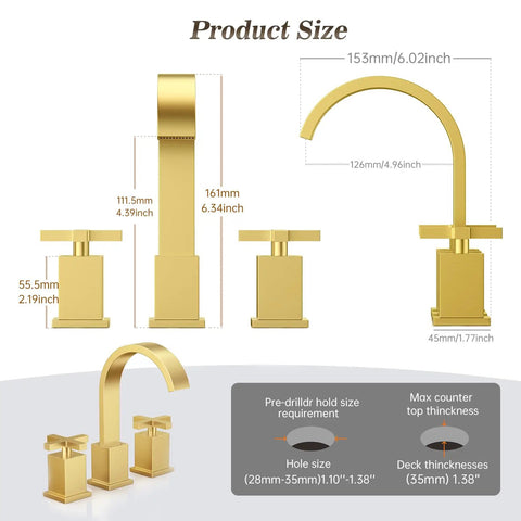 Brushed Gold Bathroom Sink Faucet With Waterfall Design, Widespread 8-Inch 3-Hole Mount dimensions and installation guide