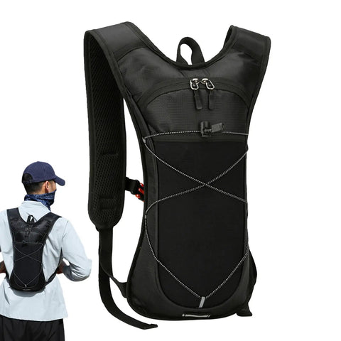 All Day Hydration Pack Backpack With Reflective Strips And Lightweight Nylon Reservoir shown on a model's back