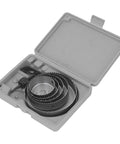FTVOGUE Heavy Duty Hole Saw Kit W 5 Sizes Cuts Metal Plastic Wood Like A Champ For DIY Pros Using Sharp Steel Cutters With Extender And Hex Wrench, open case with 5 hole saws
