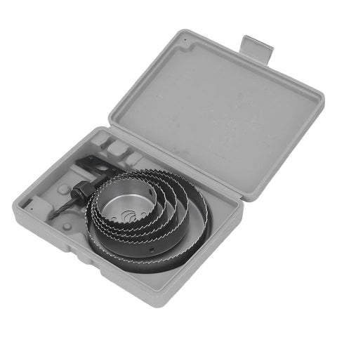 FTVOGUE Heavy Duty Hole Saw Kit W 5 Sizes Cuts Metal Plastic Wood Like A Champ For DIY Pros Using Sharp Steel Cutters With Extender And Hex Wrench, open case with 5 hole saws