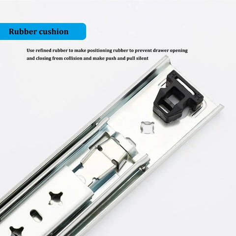 Close-up of Beefy 30 Inch Drawer Slides With Lock, Full Extension Ball Bearing Rails, Side Mount Glide Tracks, rubber cushion detail.