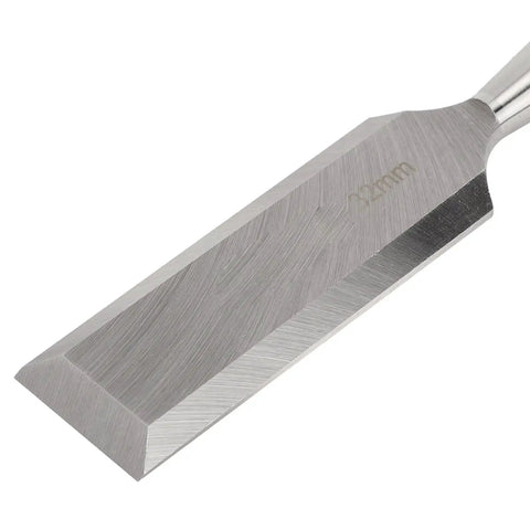 Close-up of 32mm alloy steel blade of Beefy Flat Chisel For Carpentry With Wooden Handle 32mm Alloy Steel Cutting Tool For Woodworking Mortising Paring And Joinery Industrial Grade Pro Style Chisel For Pros And DIY Woodworkers.