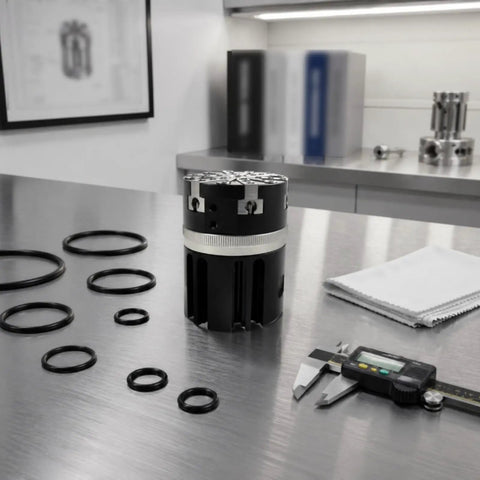 Pro Grade Pneumatic Gripper Cylinder Clamp With Six Jaw Layout For Uniform Expansion And Tight High Precision Holding Adjustable Stroke For Reliable Automation And Robotic Pick And Place Systems on metal bench