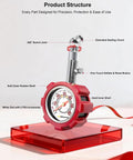 Best Selling Tire Pressure Gauge For Cars And Motorcycles With ANSI B40.1 Precision, 5 To 60 PSI, Extended 360 Degree Swivel Head, Hold And Bleed Button, Dual Guard, Battery Free, Compact Design And Easy Read Dial For Fast Accurate Checks. Product structure showing 360° swivel joint, extended sealing chuck, red gauge shell, and PSI dial.
