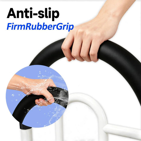 Close-up of adjustable bed rail with non slip handle showing anti-slip firm rubber grip for seniors.