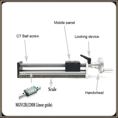 Heavy Duty CNC Manual Sliding Table With Precision Ballscrew SFU1204 Featuring 700MM Stroke, showing C7 ball screw and MGN12R linear guide.