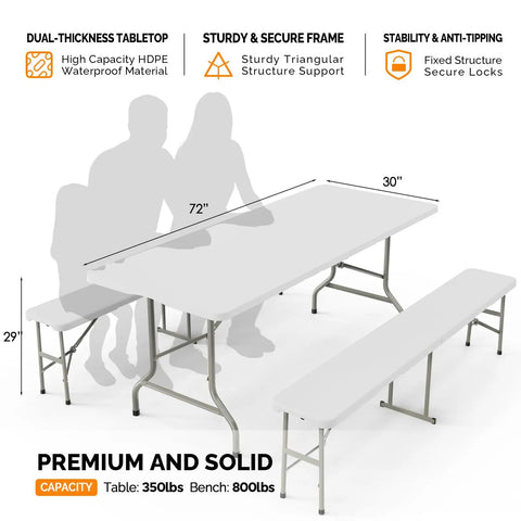 White Folding Picnic Table Set With 2 Benches, 6 Feet Portable Outdoor Indoor Table And Chair Set, dimensions and features shown