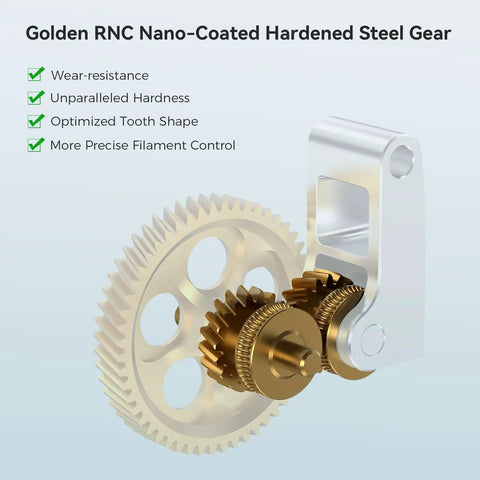 Golden RNC nano-coated hardened steel gear for accurate filament control in 3D printing