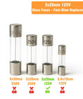 Four sizes of glass fuses with voltage ratings, including 5x20mm 125V option for 20 Pack 5A 125V Fast Blow Glass Fuses Replacement Kit