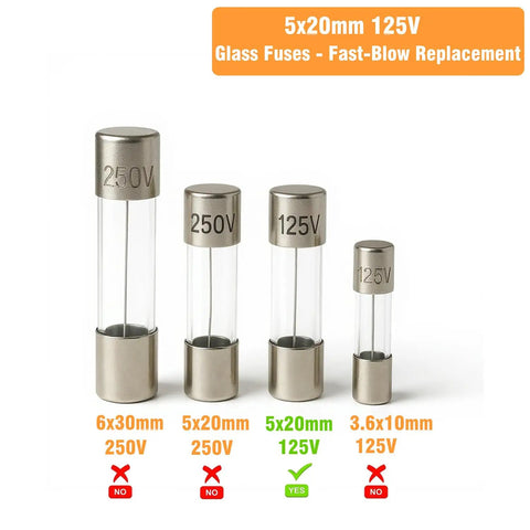 Four sizes of glass fuses with voltage ratings, including 5x20mm 125V option for 20 Pack 5A 125V Fast Blow Glass Fuses Replacement Kit