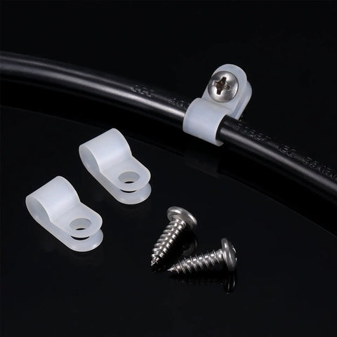 R Type Cable Clips Set 50 Pack Nylon Wire Clamps No Fuss Quick Install With Screws For Snug Cable Management Quarter Inch White 94V2 Rated